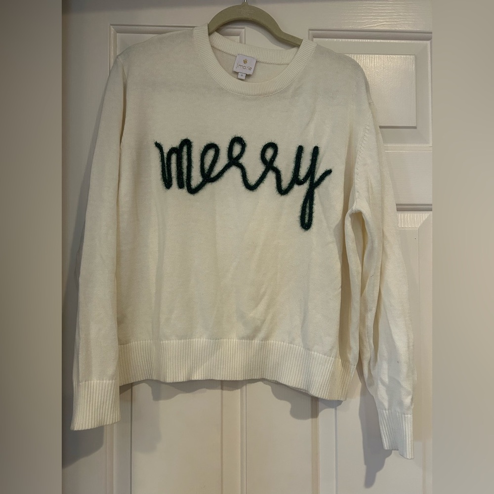 J Marie Cream Sweater with Green 'Merry' Design